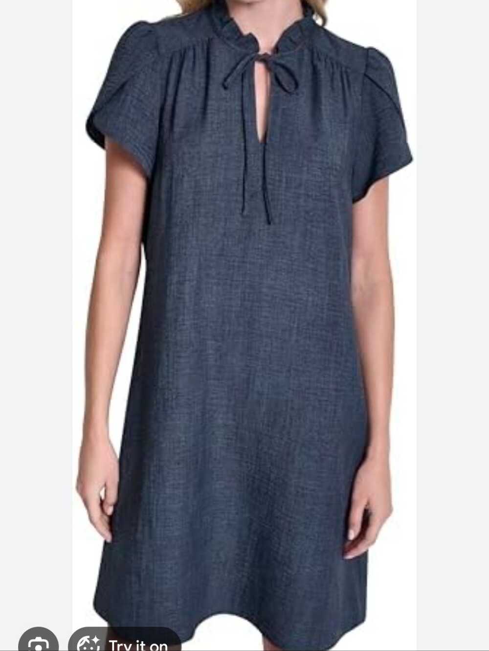 DKNY Short Sleeve Tie-Neck Dress - Navy
